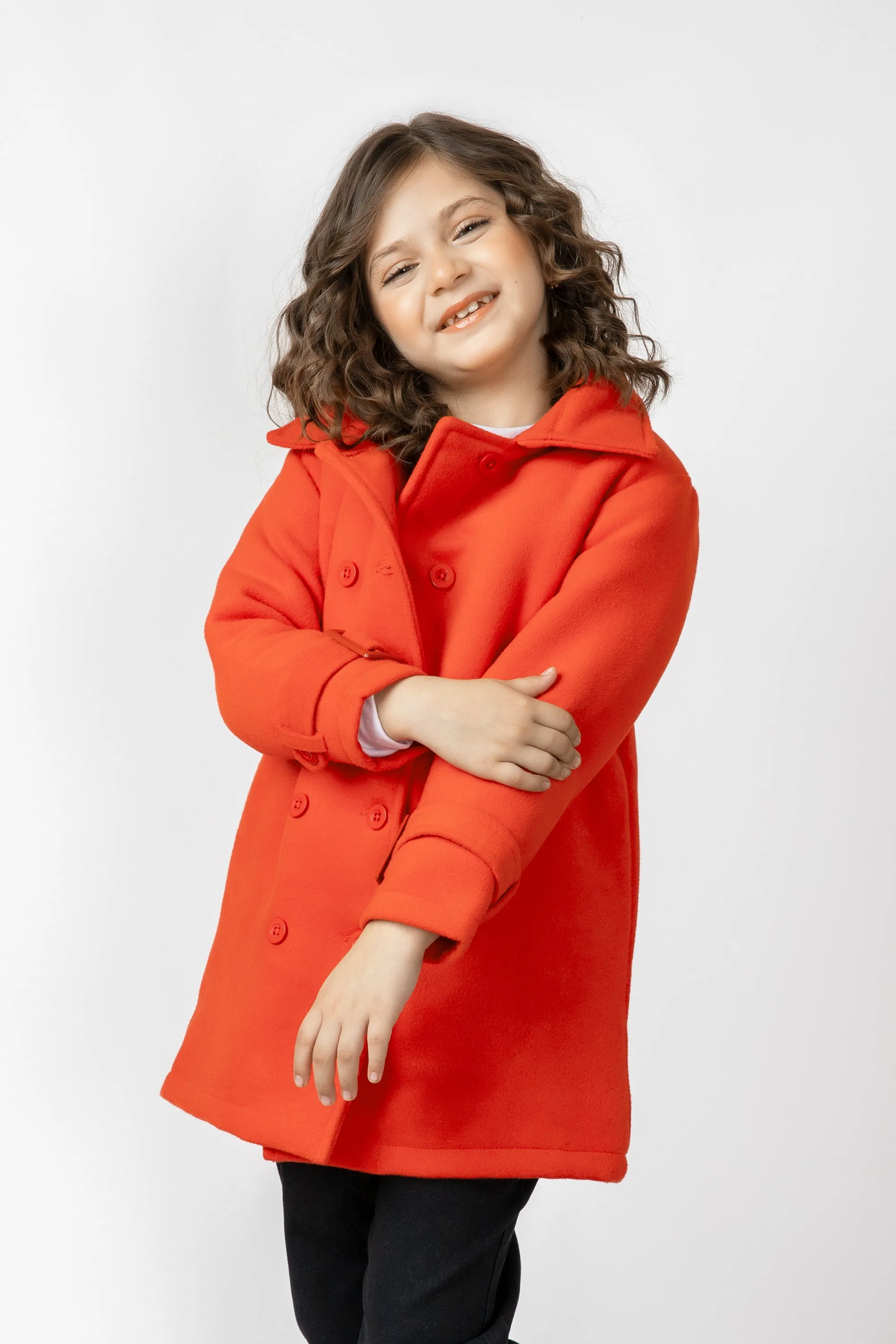 Rust Felt Double-Breasted Coat for Girls