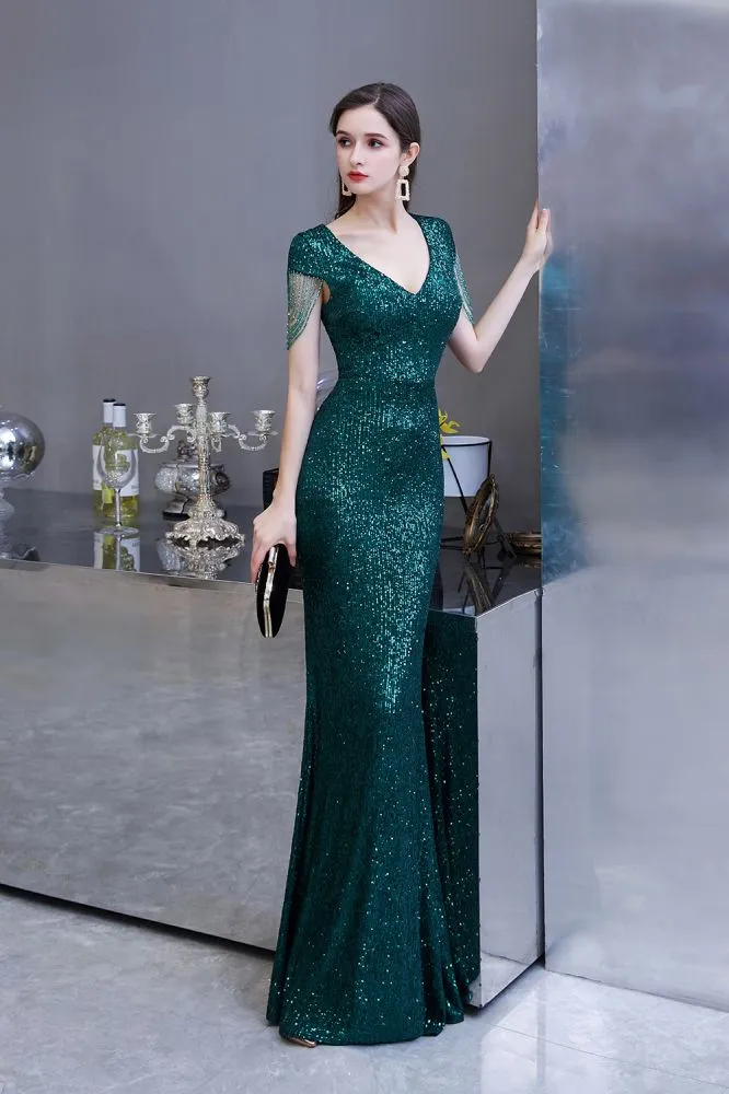 Shining Sequins Emerald Green Mermaid Evening Party Gown with  Tassels Sleeves