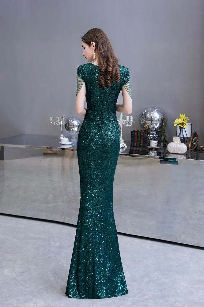 Shining Sequins Emerald Green Mermaid Evening Party Gown with  Tassels Sleeves