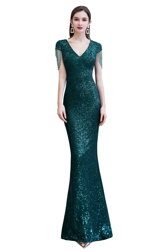 Shining Sequins Emerald Green Mermaid Evening Party Gown with  Tassels Sleeves