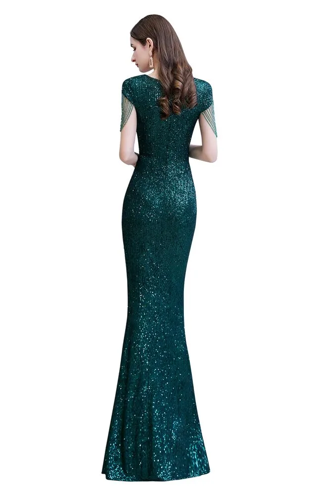 Shining Sequins Emerald Green Mermaid Evening Party Gown with  Tassels Sleeves