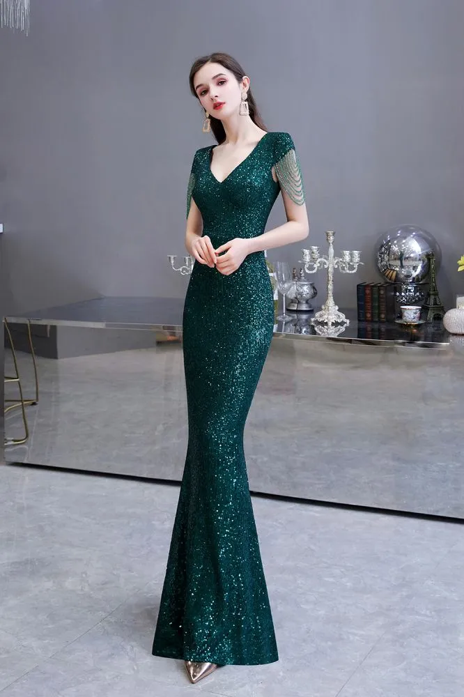 Shining Sequins Emerald Green Mermaid Evening Party Gown with  Tassels Sleeves