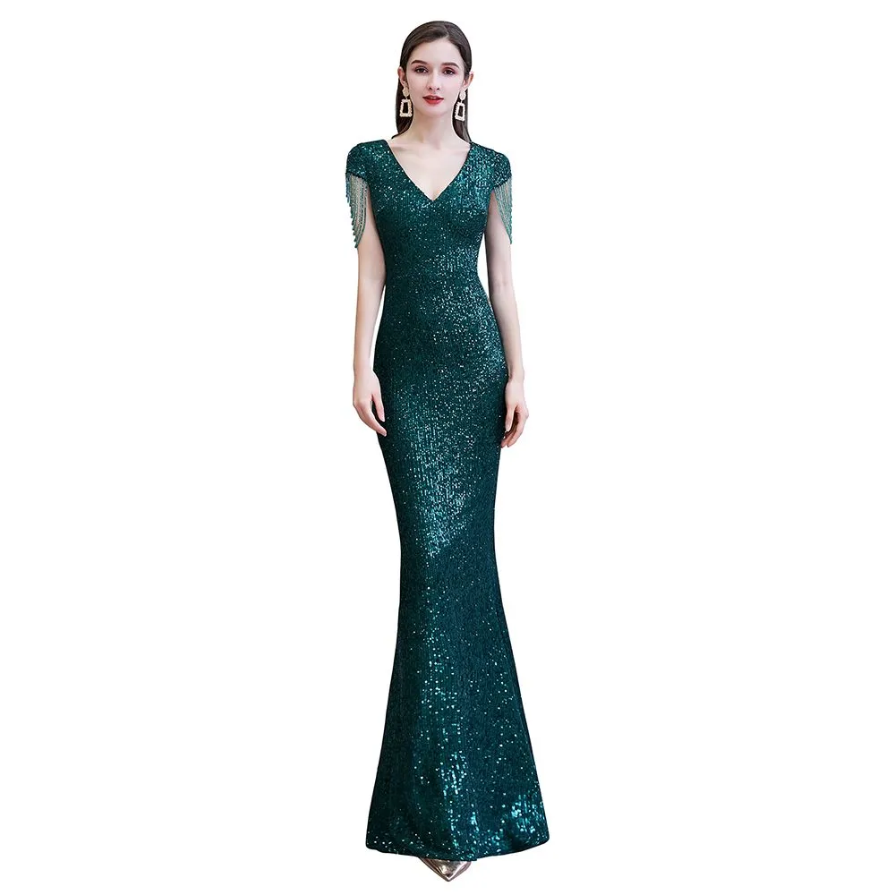 Shining Sequins Emerald Green Mermaid Evening Party Gown with  Tassels Sleeves