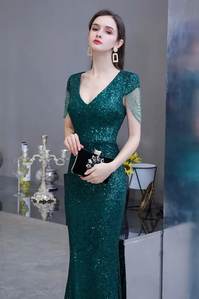 Shining Sequins Emerald Green Mermaid Evening Party Gown with  Tassels Sleeves