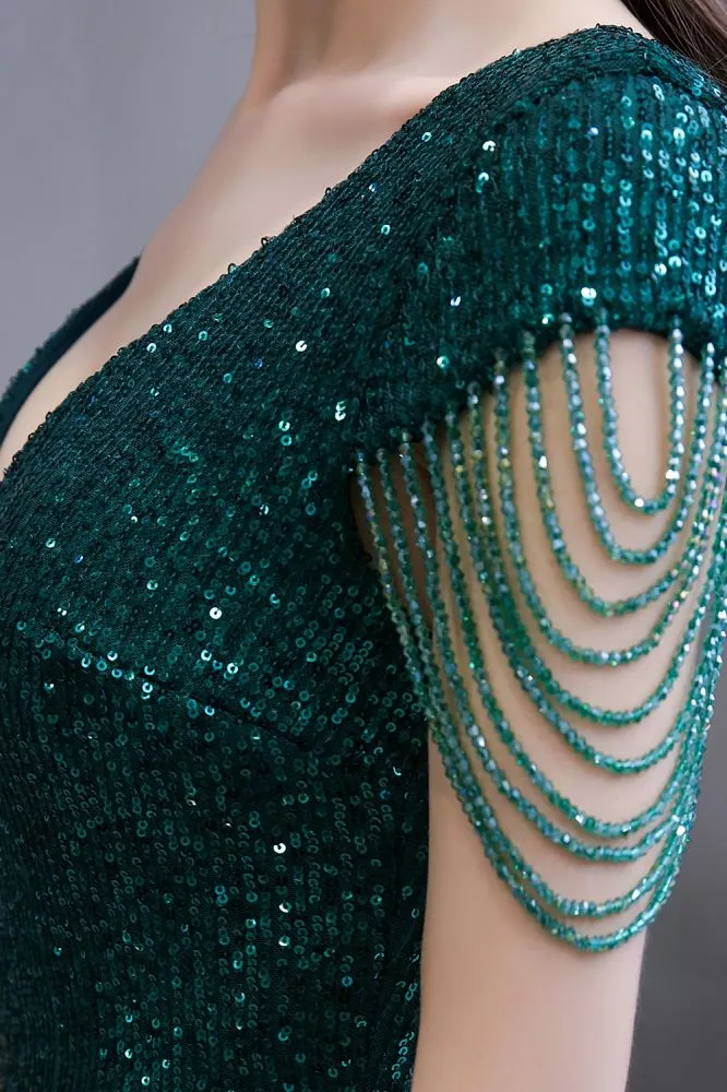 Shining Sequins Emerald Green Mermaid Evening Party Gown with  Tassels Sleeves