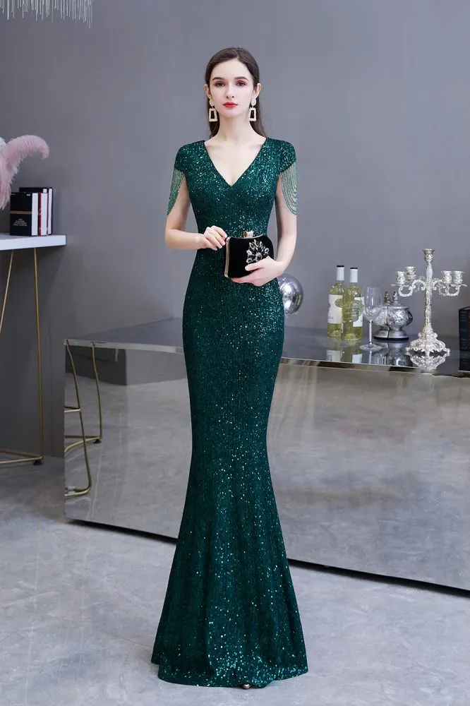 Shining Sequins Emerald Green Mermaid Evening Party Gown with  Tassels Sleeves