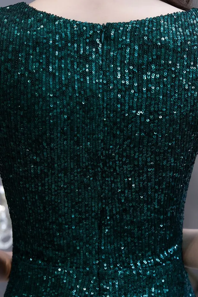 Shining Sequins Emerald Green Mermaid Evening Party Gown with  Tassels Sleeves