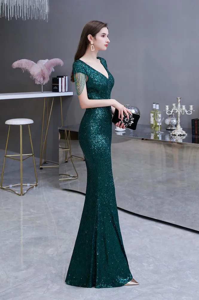 Shining Sequins Emerald Green Mermaid Evening Party Gown with  Tassels Sleeves