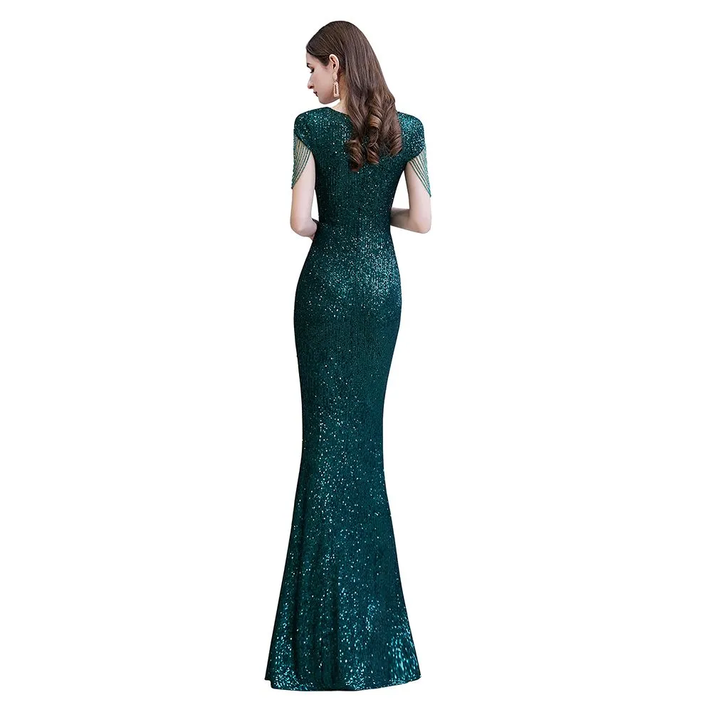 Shining Sequins Emerald Green Mermaid Evening Party Gown with  Tassels Sleeves