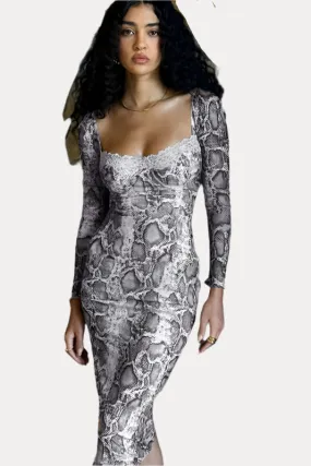 snake print collar long-sleeved sexy slim dress