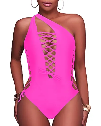 Strappy Cutout Monokini One Piece Swimsuit For Curvy Women-Neon Pink