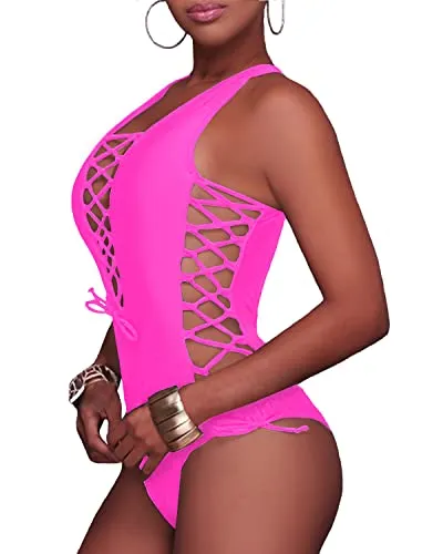 Strappy Cutout Monokini One Piece Swimsuit For Curvy Women-Neon Pink