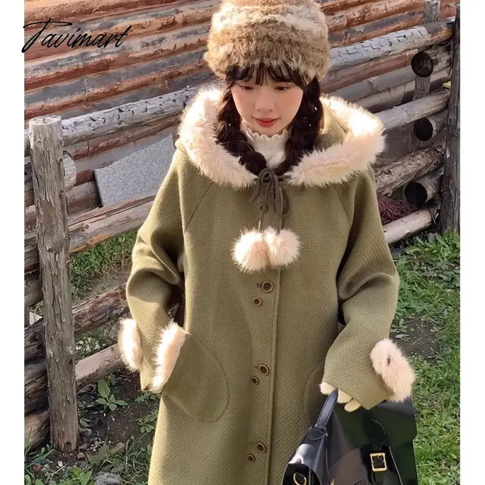 TAVIMART -  Women Sweet Green Faux Fur Patchwork Wool Coats Japanese Cute Hooded Single Breasted Blends Famale Pocket Fashion Warm Blends