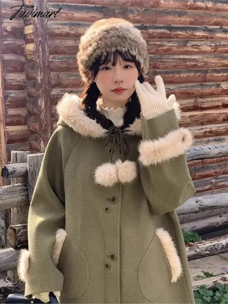 TAVIMART -  Women Sweet Green Faux Fur Patchwork Wool Coats Japanese Cute Hooded Single Breasted Blends Famale Pocket Fashion Warm Blends