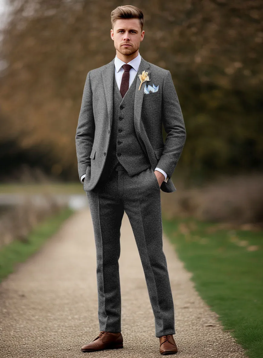 Vintage Plain Dark Gray Tweed Suit