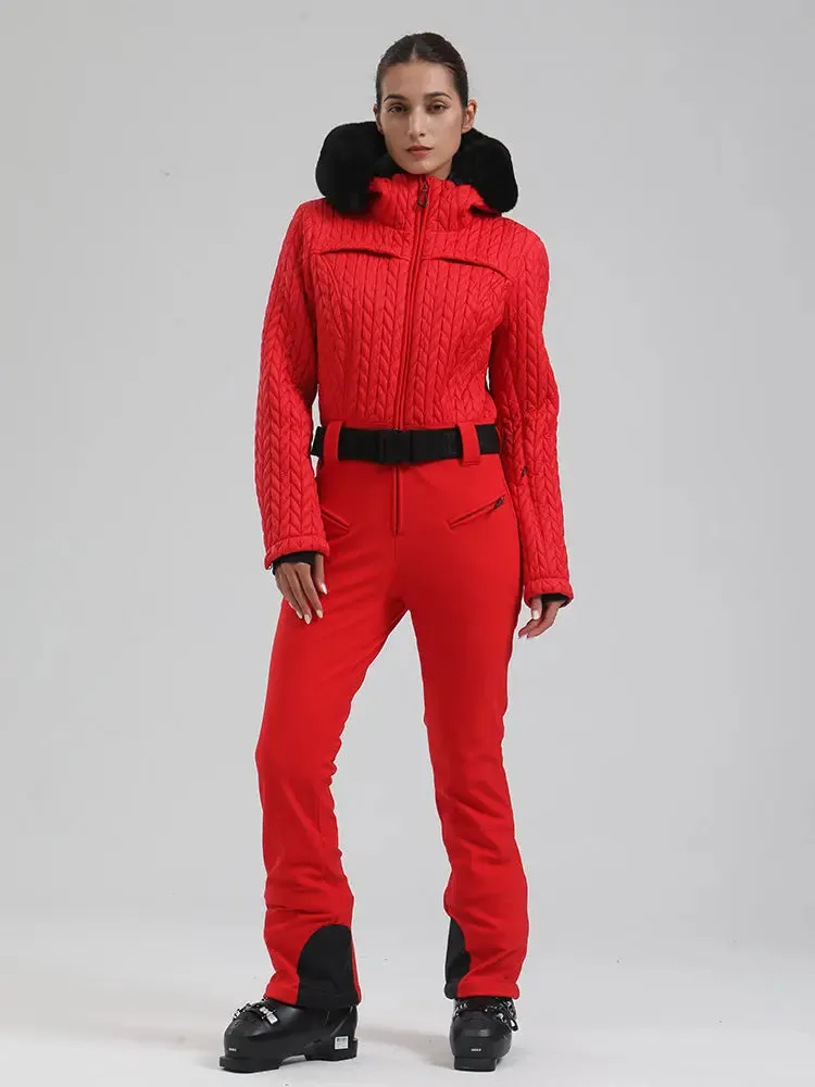 Women Chic Faux-Fur Trim Ski Suit Fitted One-piece Skisuits