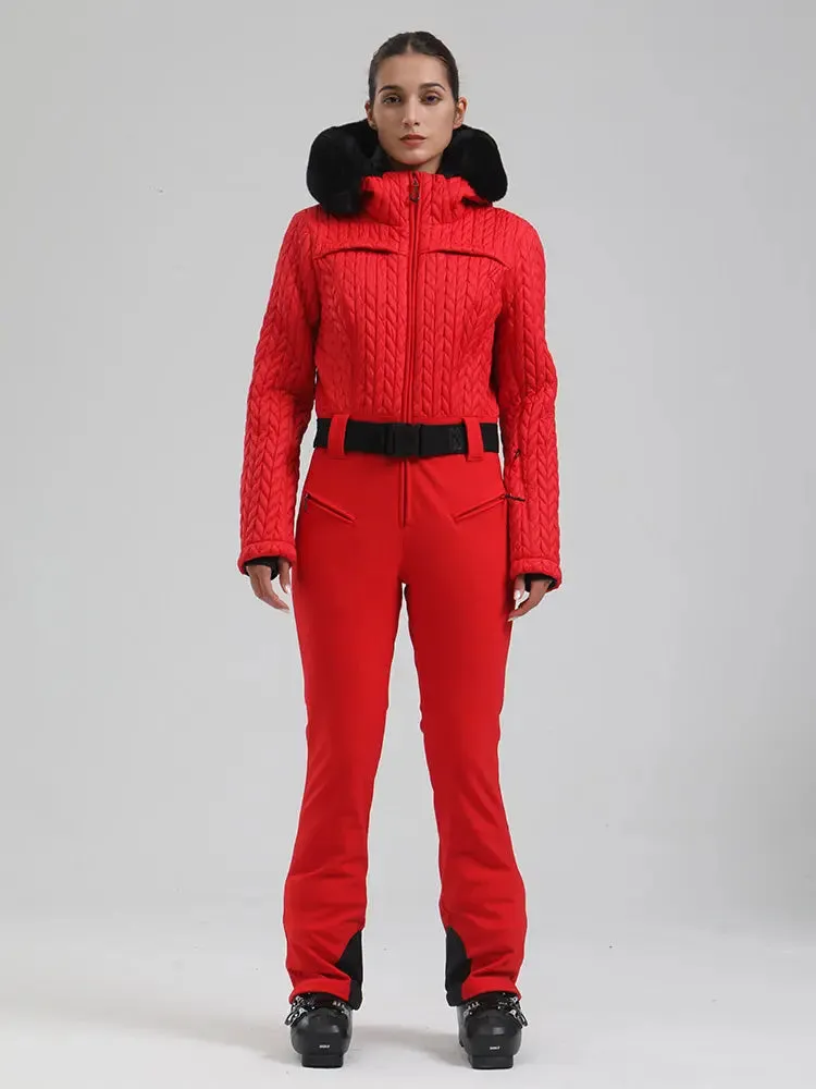 Women Chic Faux-Fur Trim Ski Suit Fitted One-piece Skisuits