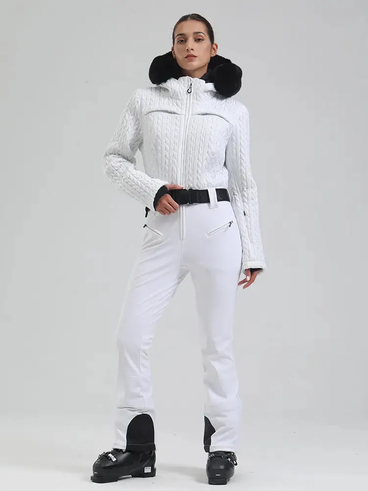 Women Chic Faux-Fur Trim Ski Suit Fitted One-piece Skisuits