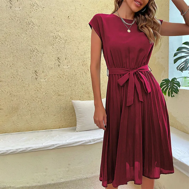 Women's Elegant Short Sleeve Pleated Midi Dresses with Belt