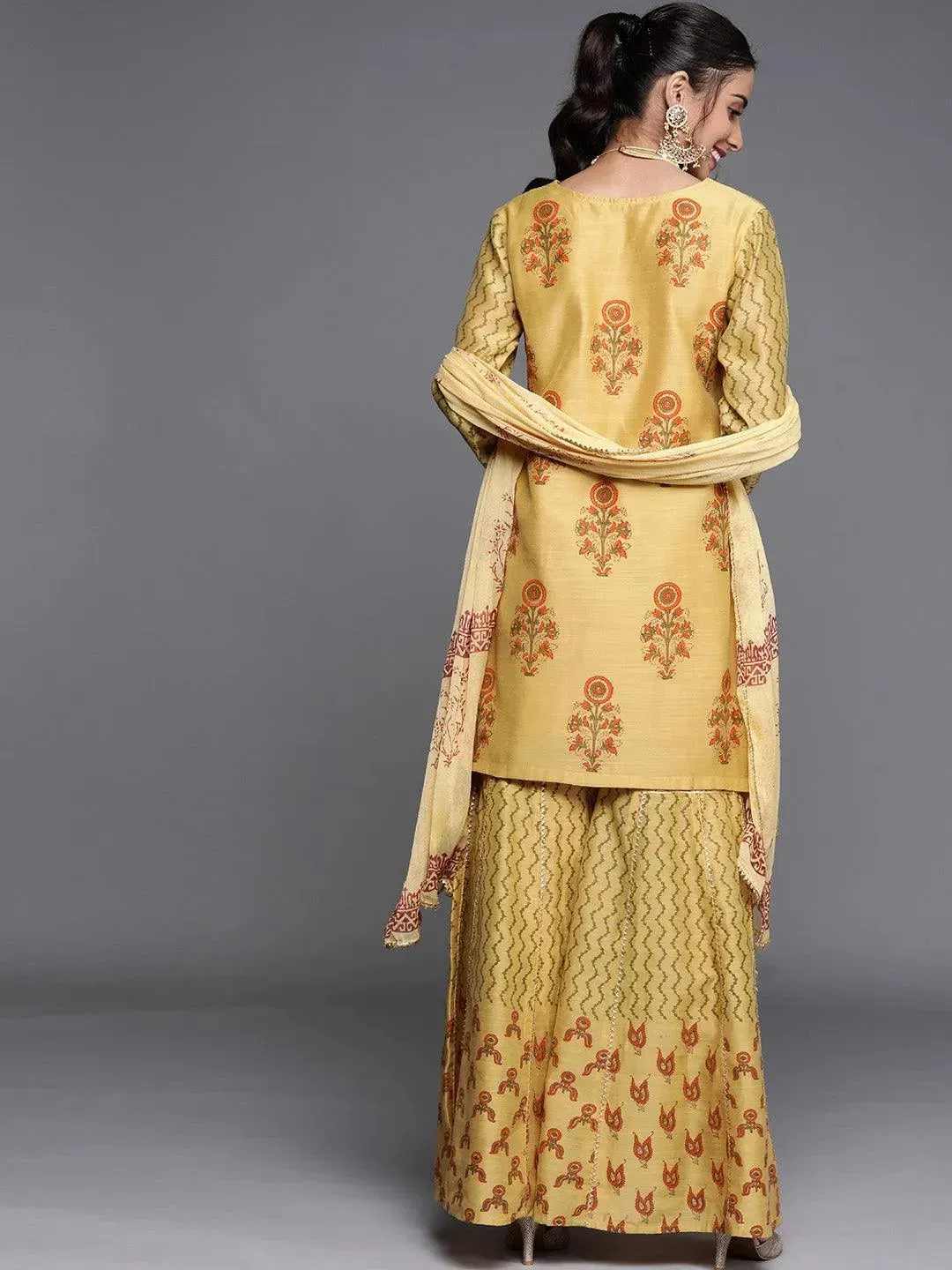 Yellow Printed Chanderi Silk Straight Kurta With Sharara & Dupatta