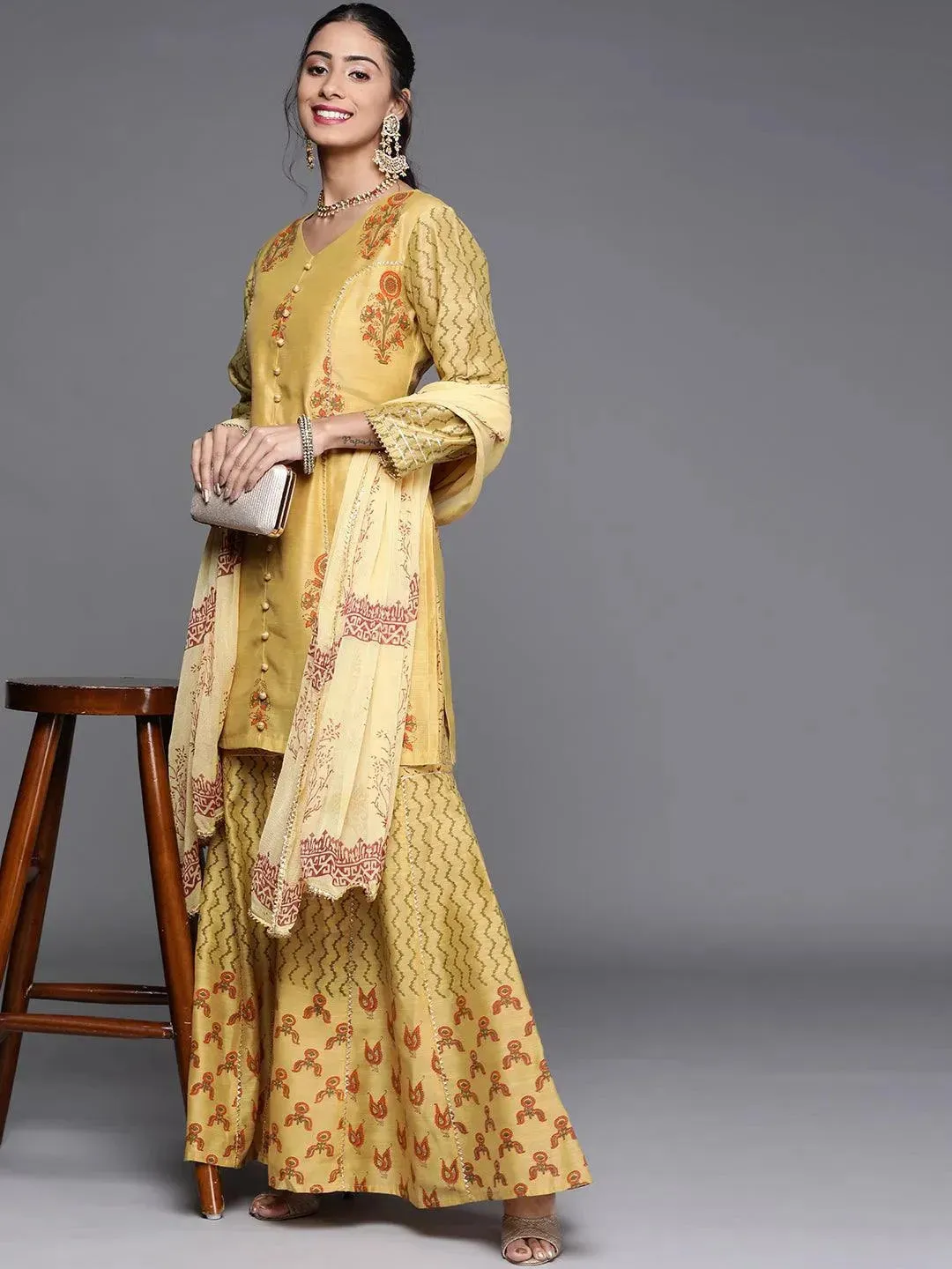 Yellow Printed Chanderi Silk Straight Kurta With Sharara & Dupatta