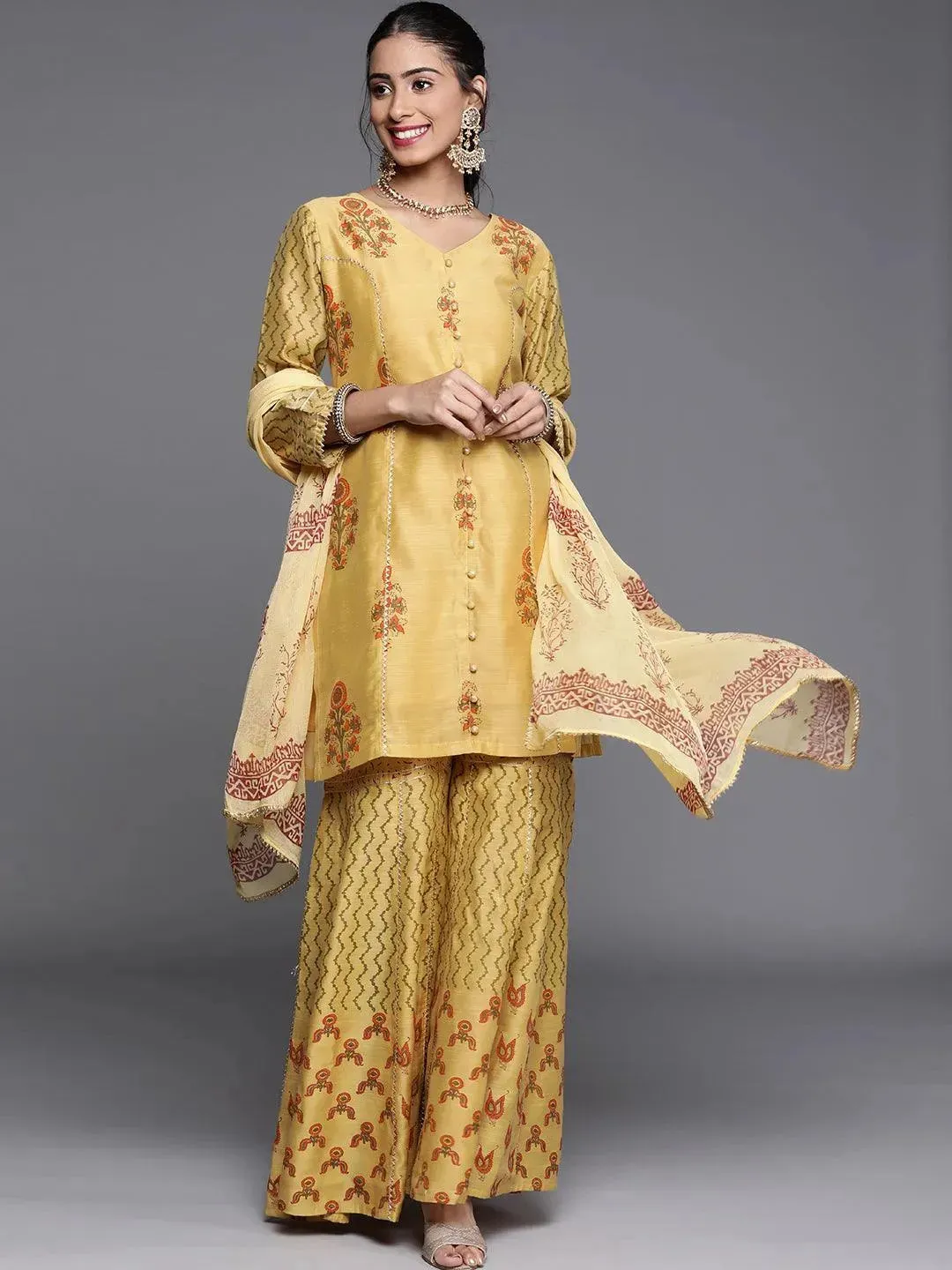 Yellow Printed Chanderi Silk Straight Kurta With Sharara & Dupatta