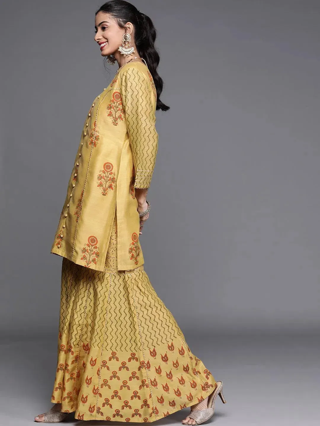 Yellow Printed Chanderi Silk Straight Kurta With Sharara & Dupatta